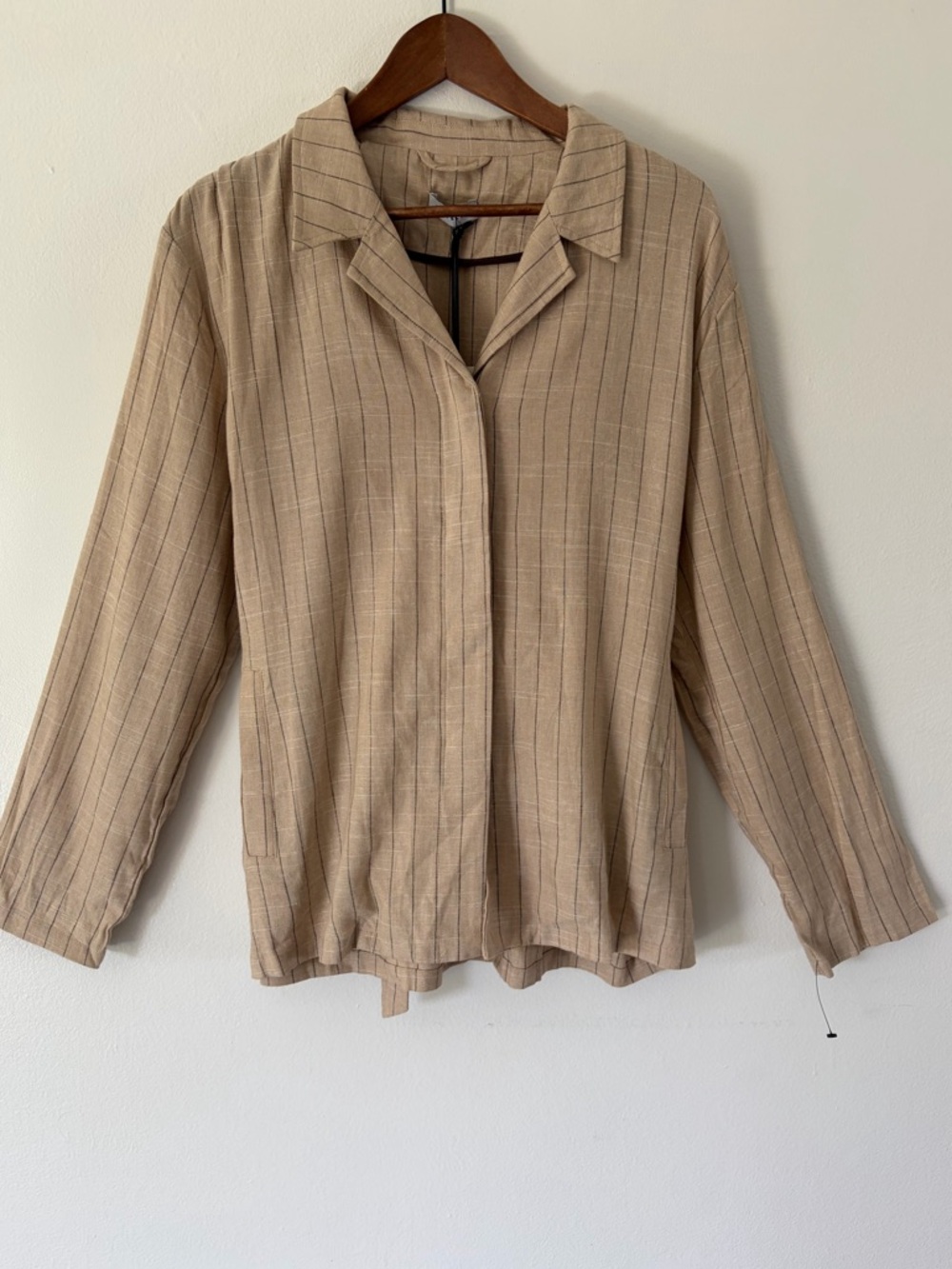 LATTELIER Tan Striped Button Front Linen Blend Tie Back Lightweight Jacket‎